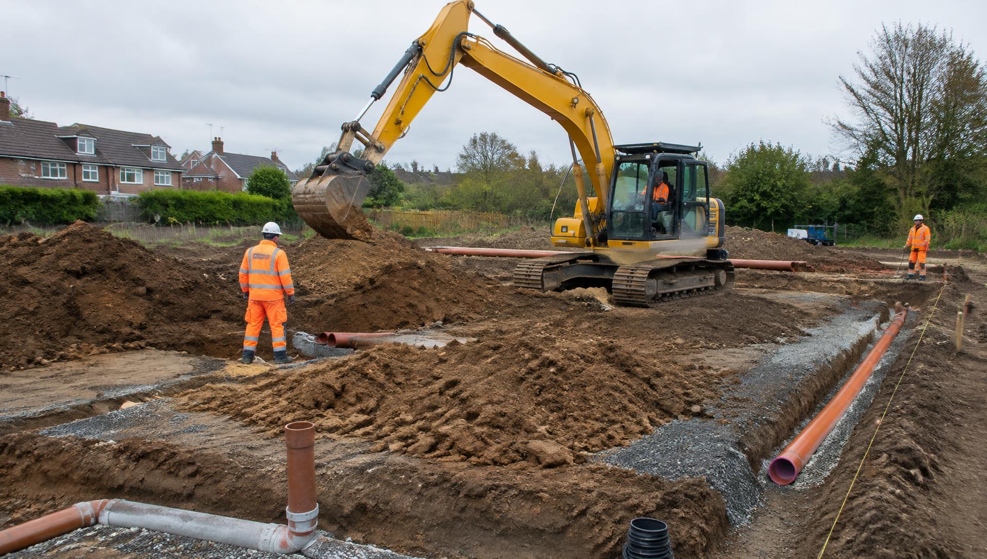 Excavator and groundworkers in hi-vis on a UK construction site