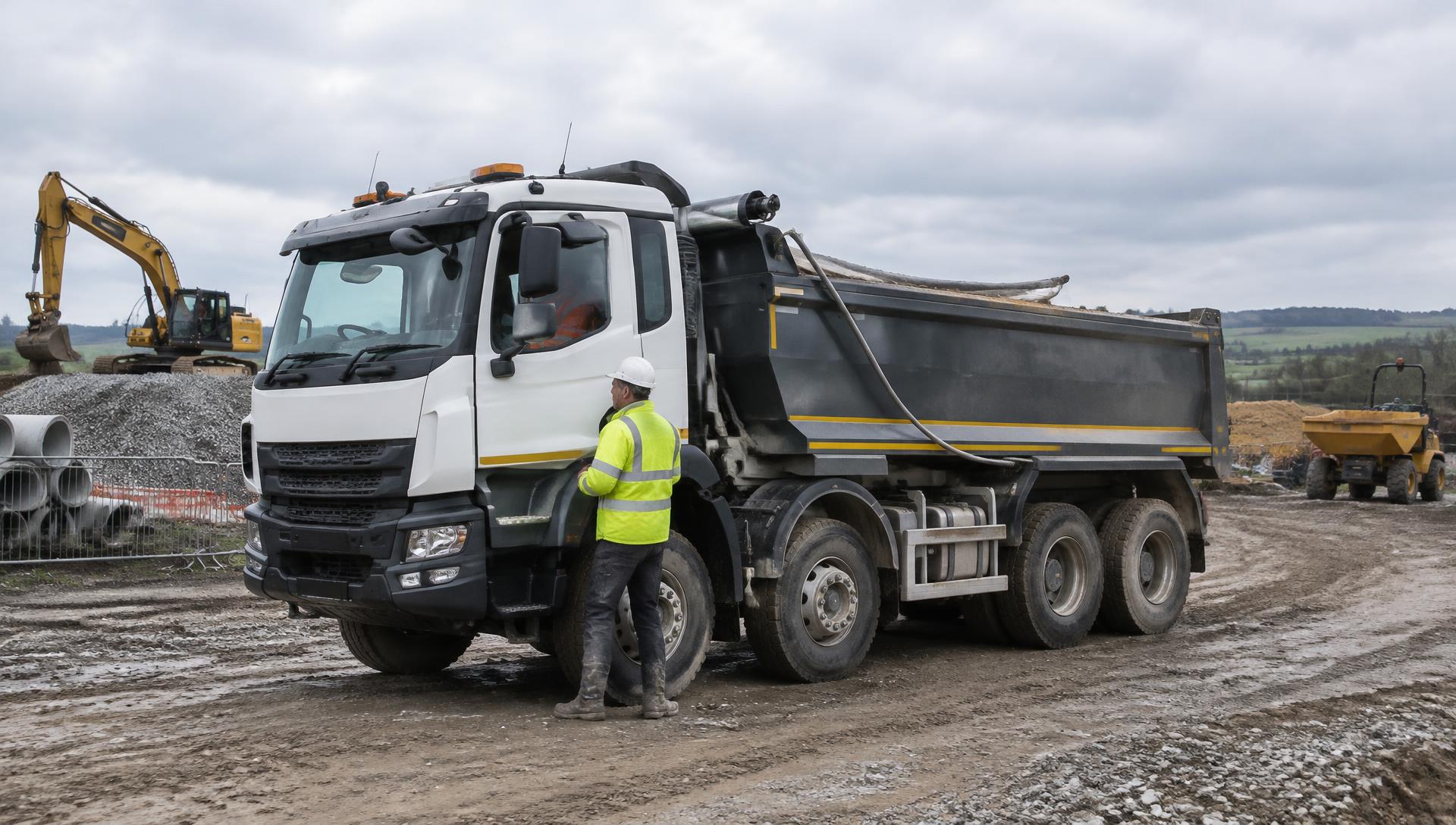 HGV tipper truck and driver on a UK construction site